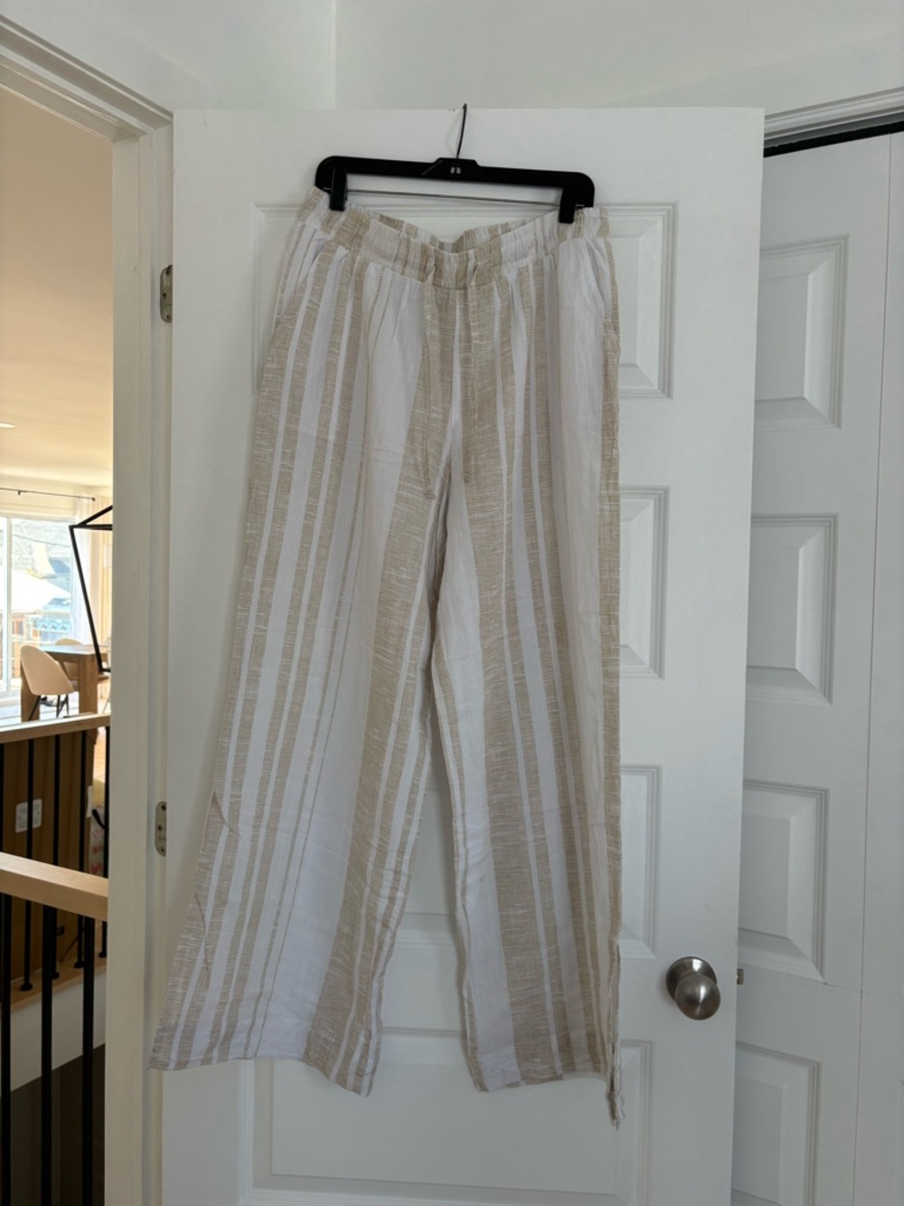George Beige and White Striped Elastic Waist Pants